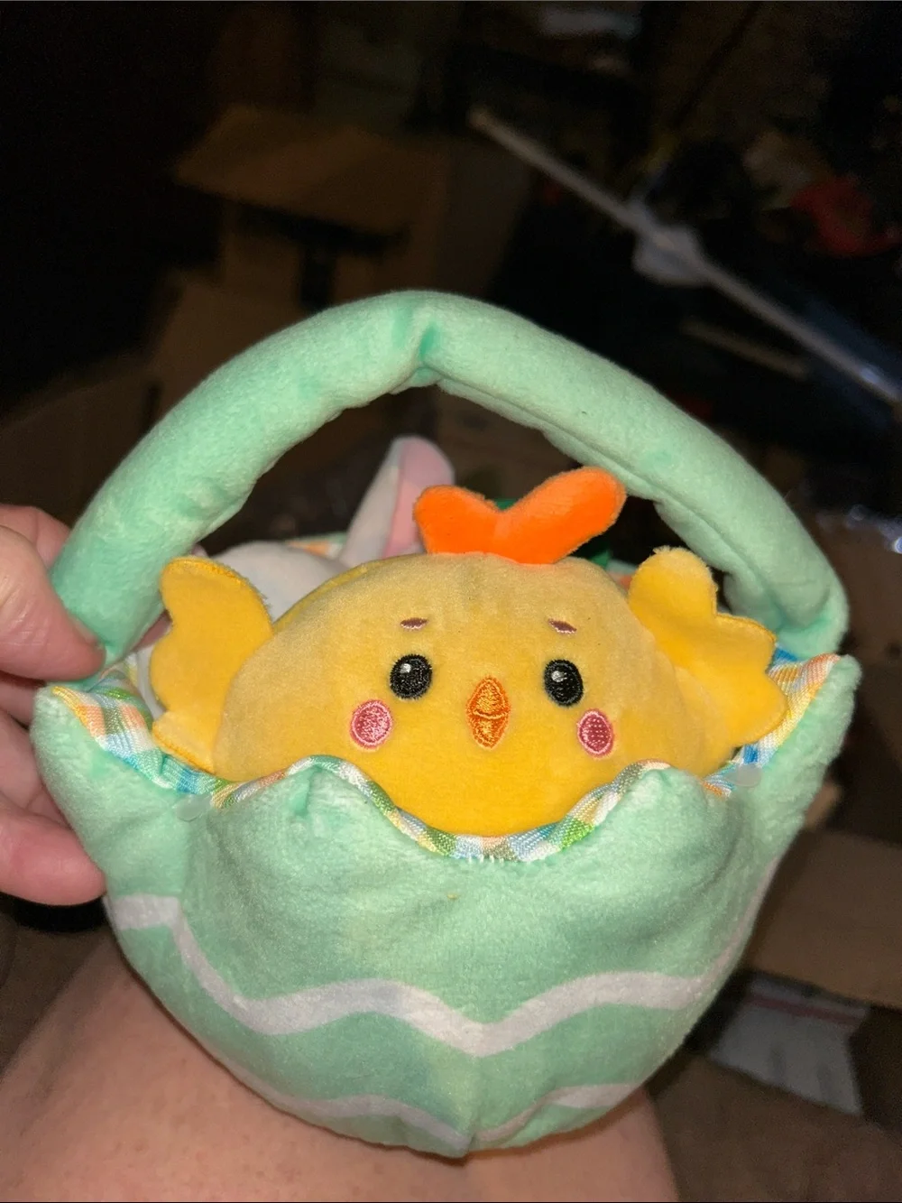 Plush Yellow Chick in Mint Green Basket - Soft Baby Bird Toy